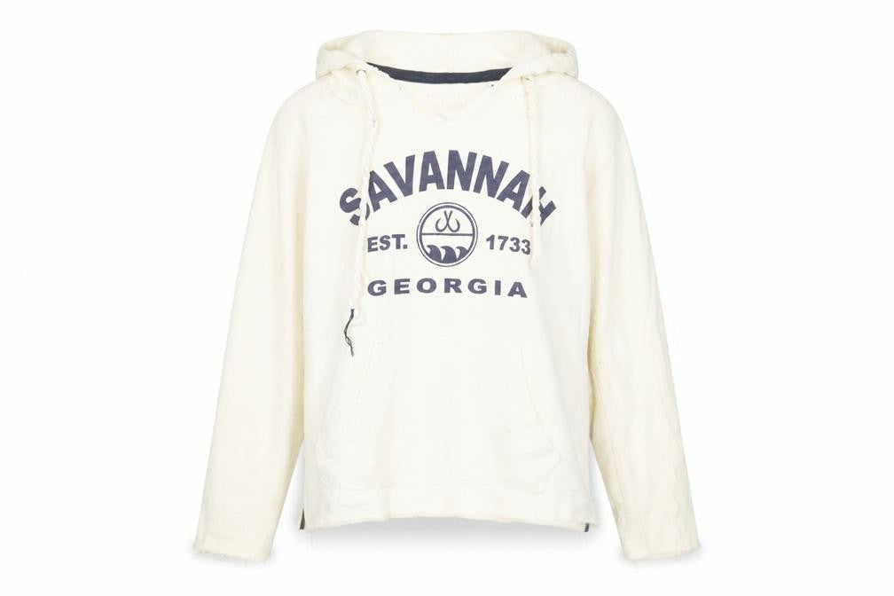 Front view of U.S. Vintage women’s ivory pullover hoodie small savannah logo