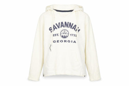 Front view of U.S. Vintage women’s ivory pullover hoodie small savannah logo
