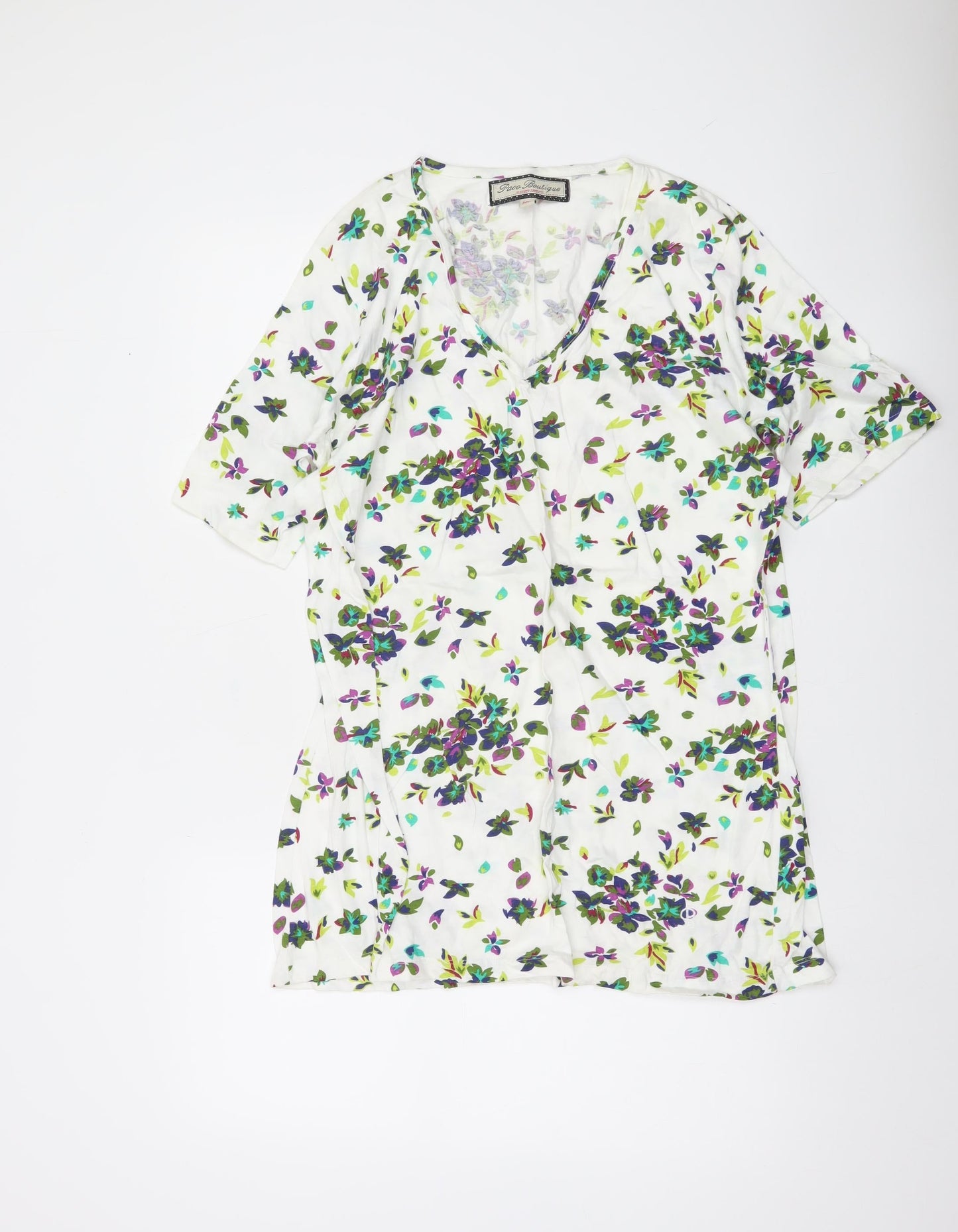 Paco Boutique Women’s White Floral Blouse Top XL Cotton Tunic V-Neck