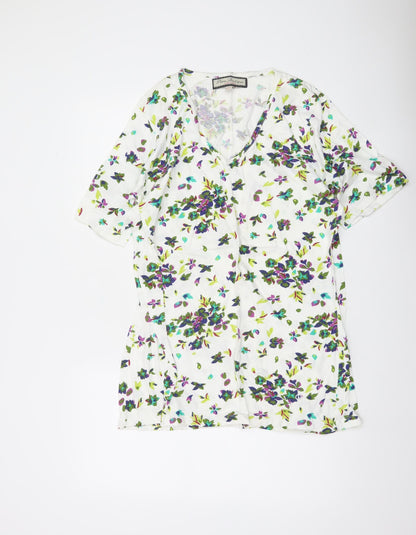 Paco Boutique Women’s White Floral Blouse Top XL Cotton Tunic V-Neck