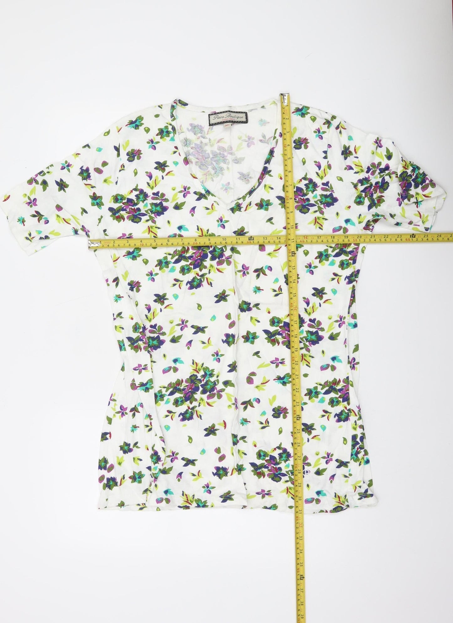 Paco Boutique Women’s White Floral Blouse Top XL Cotton Tunic V-Neck