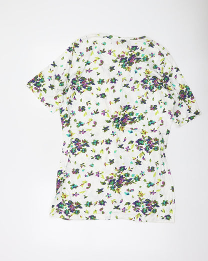 Paco Boutique Women’s White Floral Blouse Top XL Cotton Tunic V-Neck