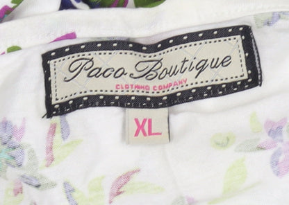 Paco Boutique Women’s White Floral Blouse Top XL Cotton Tunic V-Neck