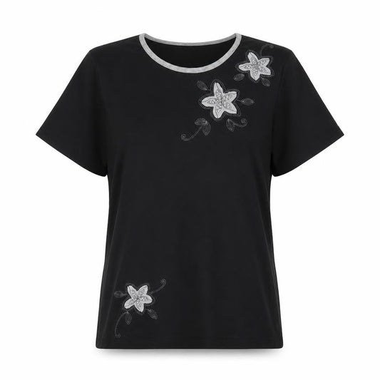 Fay Louise Women’s Black Floral Embroidered T-Shirt Size M