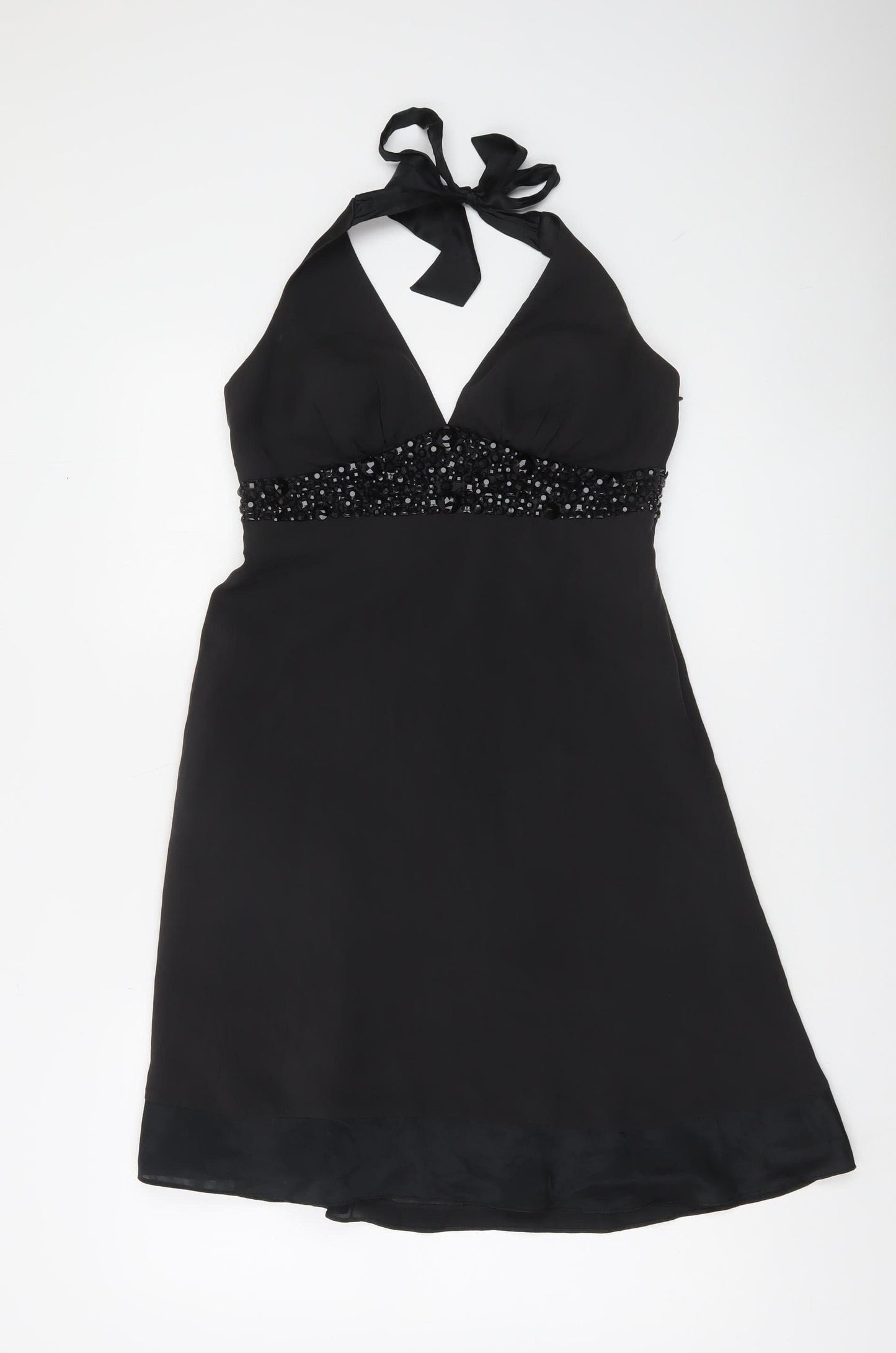 White House Black Market Women’s Black Silk Halter Beaded A-Line Dress Size 10