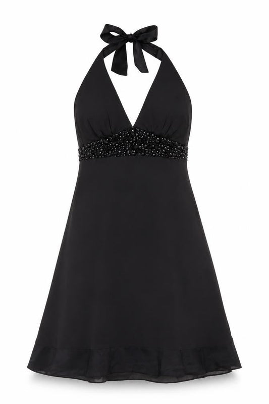 White House Black Market Women’s Black Silk Halter Beaded A-Line Dress Size 10
