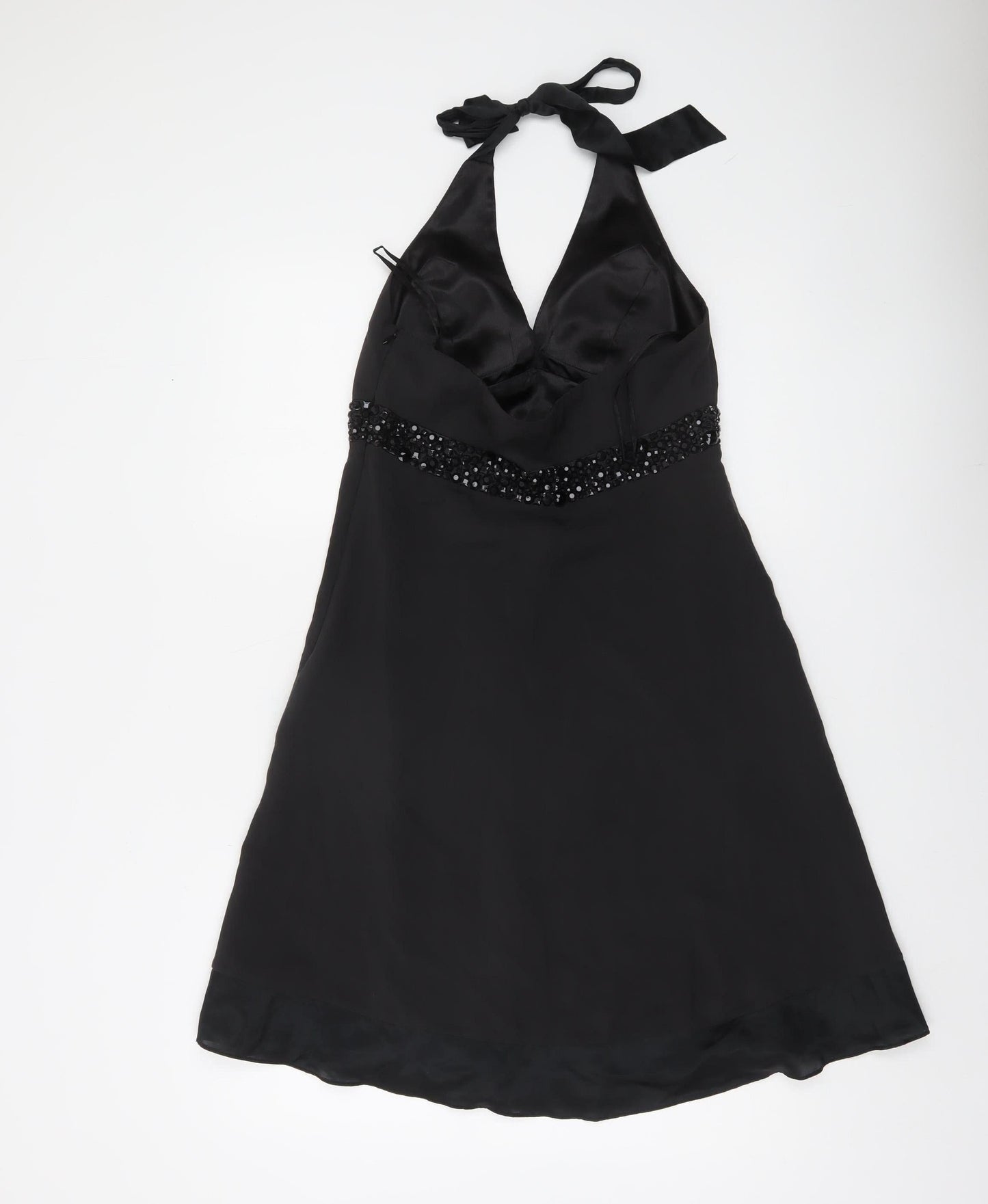 White House Black Market Women’s Black Silk Halter Beaded A-Line Dress Size 10