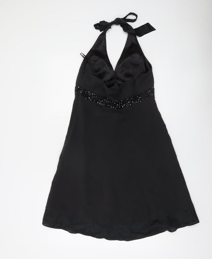 White House Black Market Women’s Black Silk Halter Beaded A-Line Dress Size 10