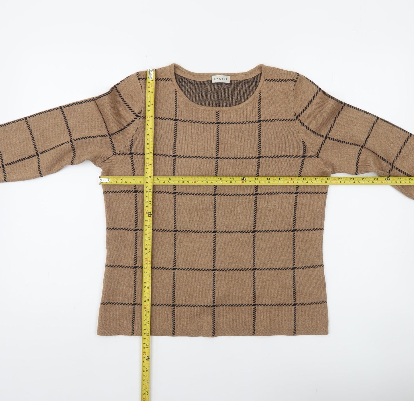 Eastex Women Brown Check Pullover Jumper Size 10 Round Neck Knit