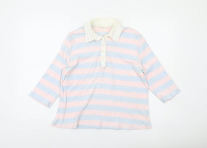 Marks and Spencer Womens Polo Shirt UK 14 Multicoloured Striped Cotton 3/4 Sleeve
