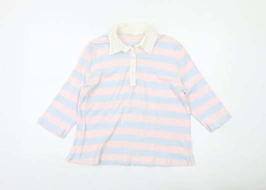 Marks and Spencer Womens Polo Shirt UK 14 Multicoloured Striped Cotton 3/4 Sleeve