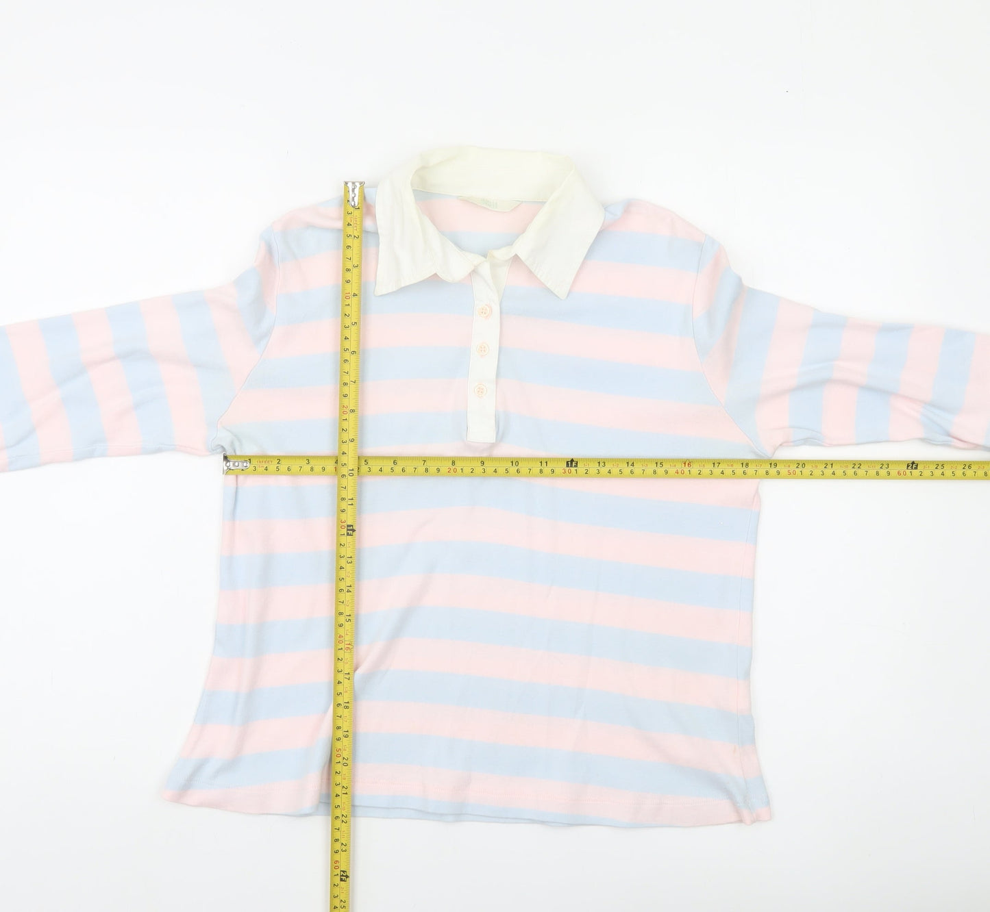 Marks and Spencer Womens Polo Shirt UK 14 Multicoloured Striped Cotton 3/4 Sleeve