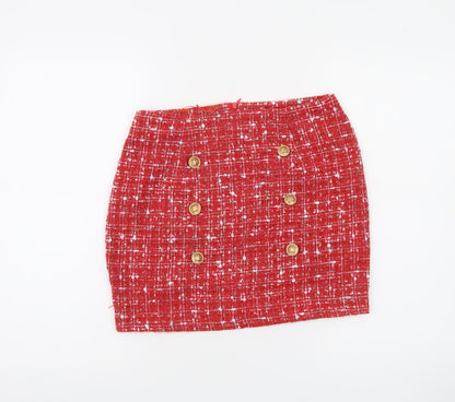 NAANAA Women Red Tweed Short Skirt UK 8 High Rise Button Detail
