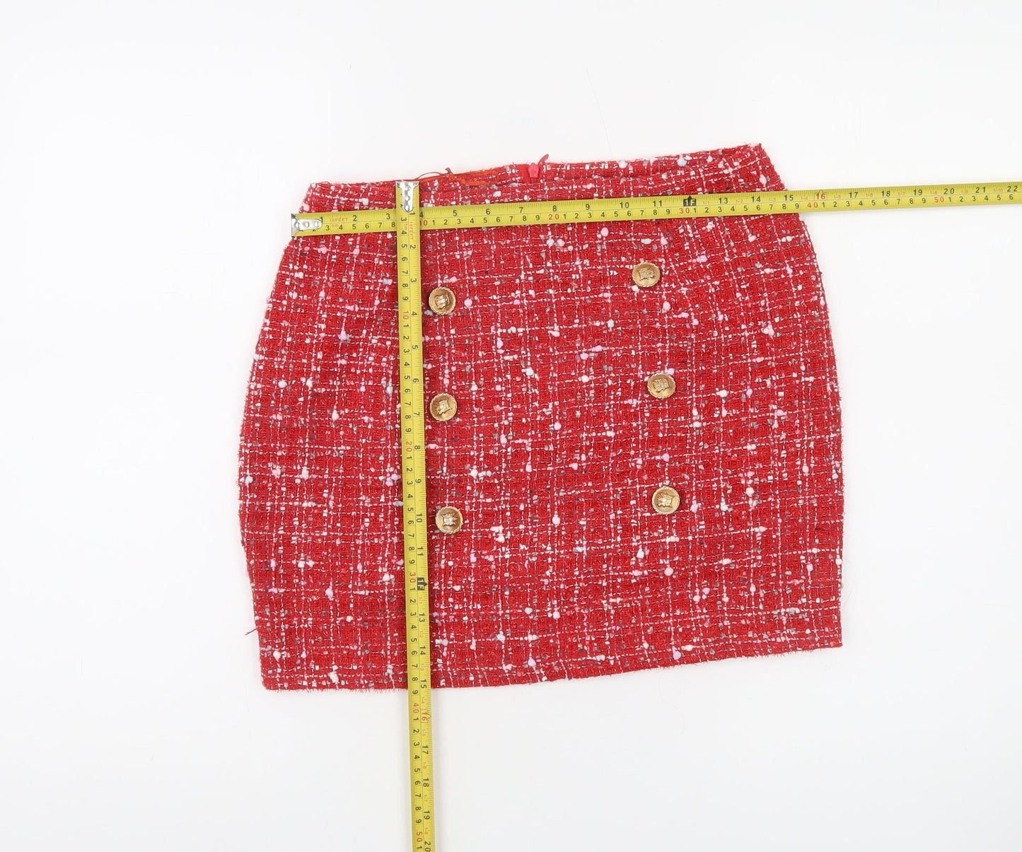 NAANAA Women Red Tweed Short Skirt UK 8 High Rise Button Detail