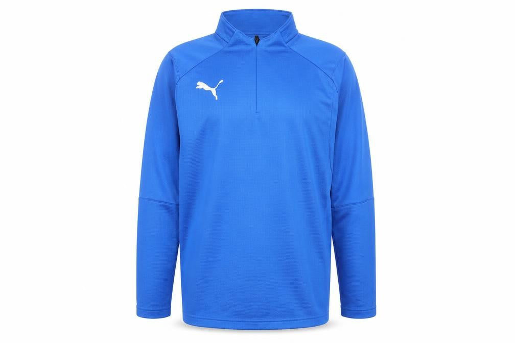 Front view of Puma boys’ blue 13-14y long sleeve 1/4 zip sports top