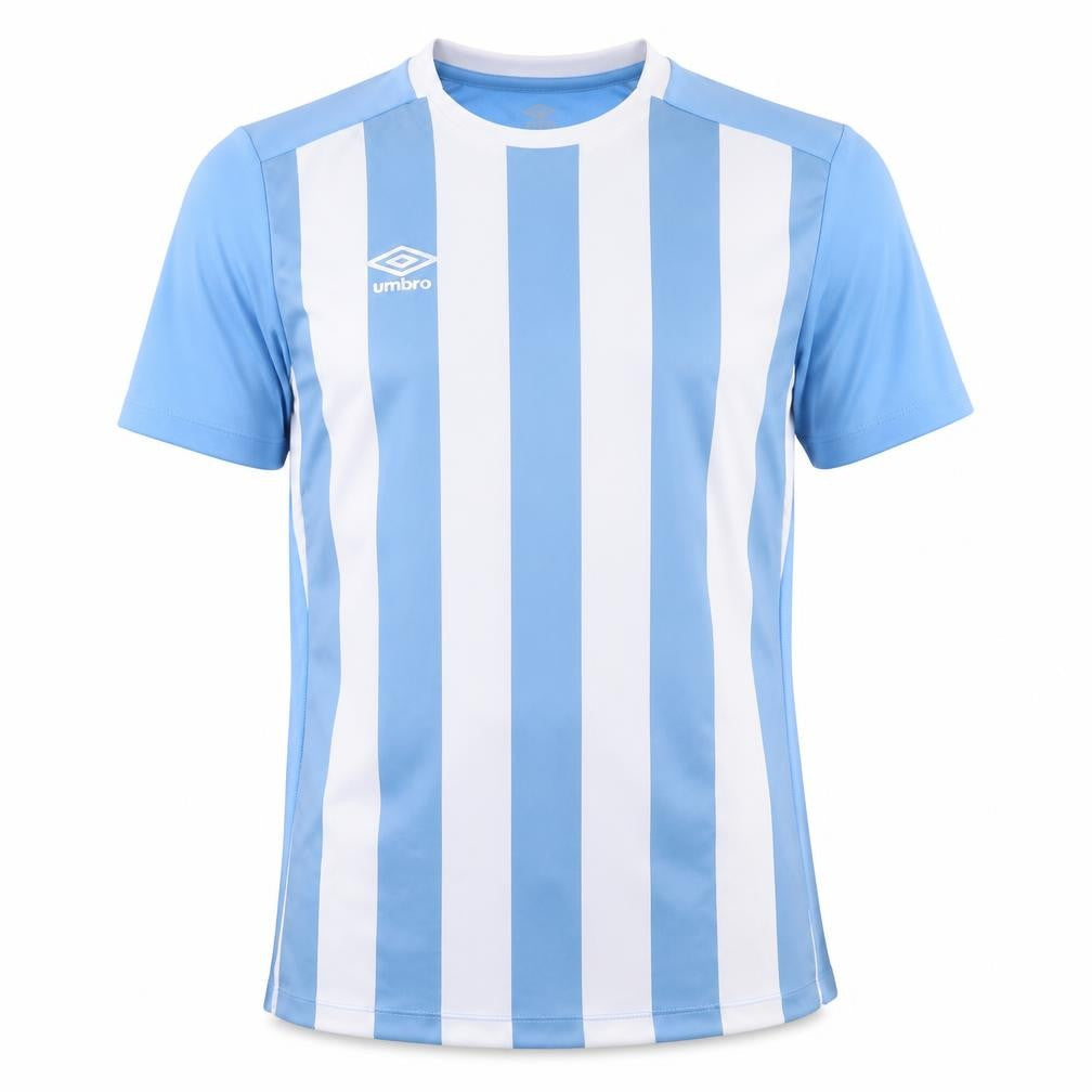 Front view of Umbro boys’ blue striped football jersey t-shirt 14 years