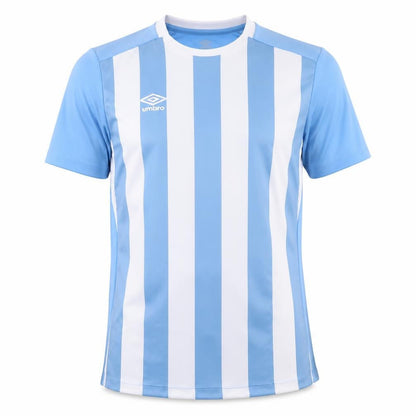 Front view of Umbro boys’ blue striped football jersey t-shirt 14 years