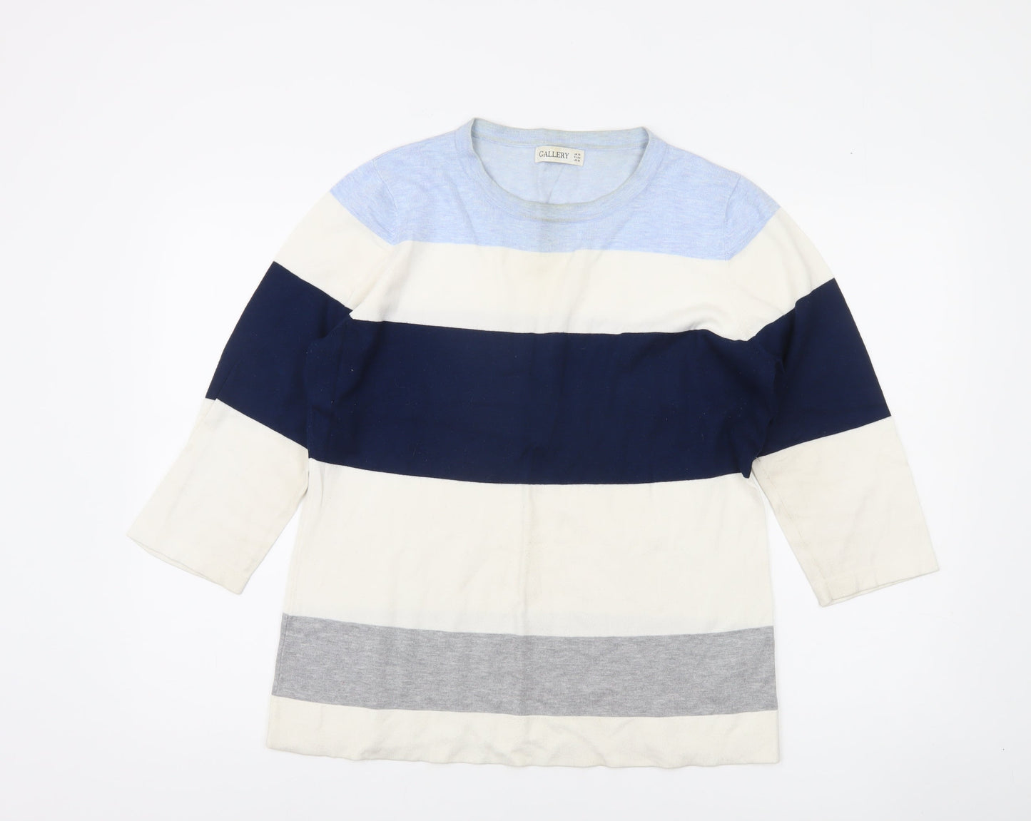 Gallery Womens UK 16 Navy Blue Striped Pullover Jumper 3/4 Sleeve