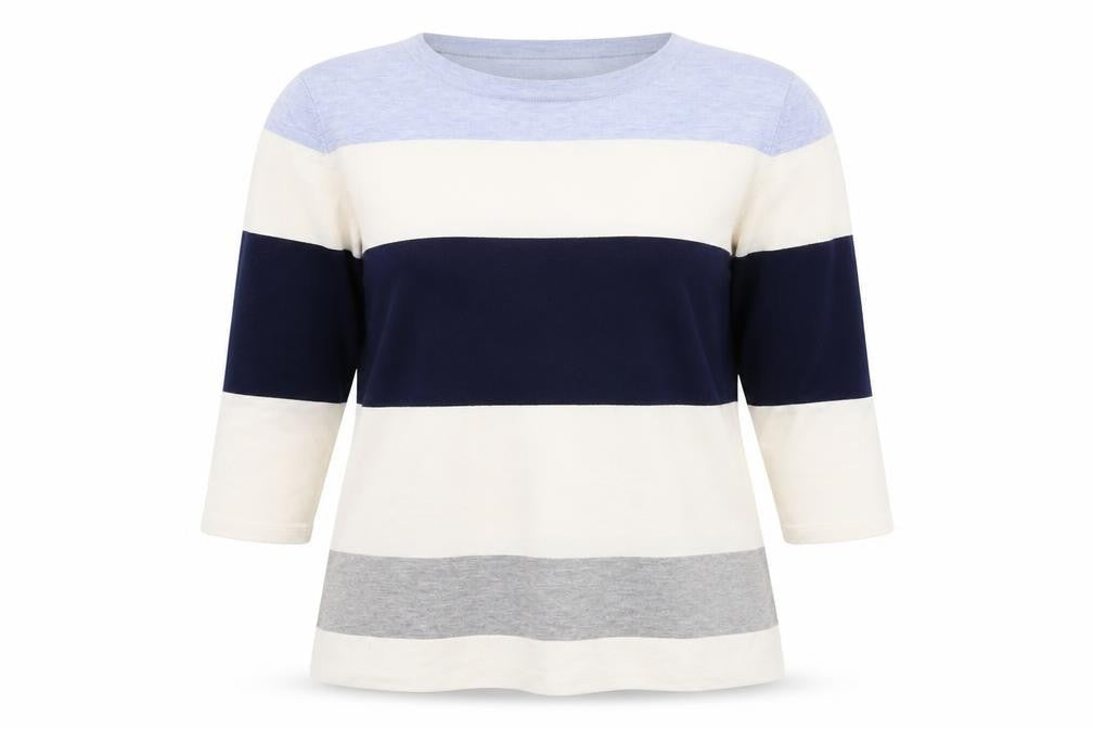 Front view of Gallery women’s uk 16 navy blue striped jumper 3/4 sleeve