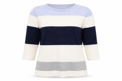 Front view of Gallery women’s uk 16 navy blue striped jumper 3/4 sleeve