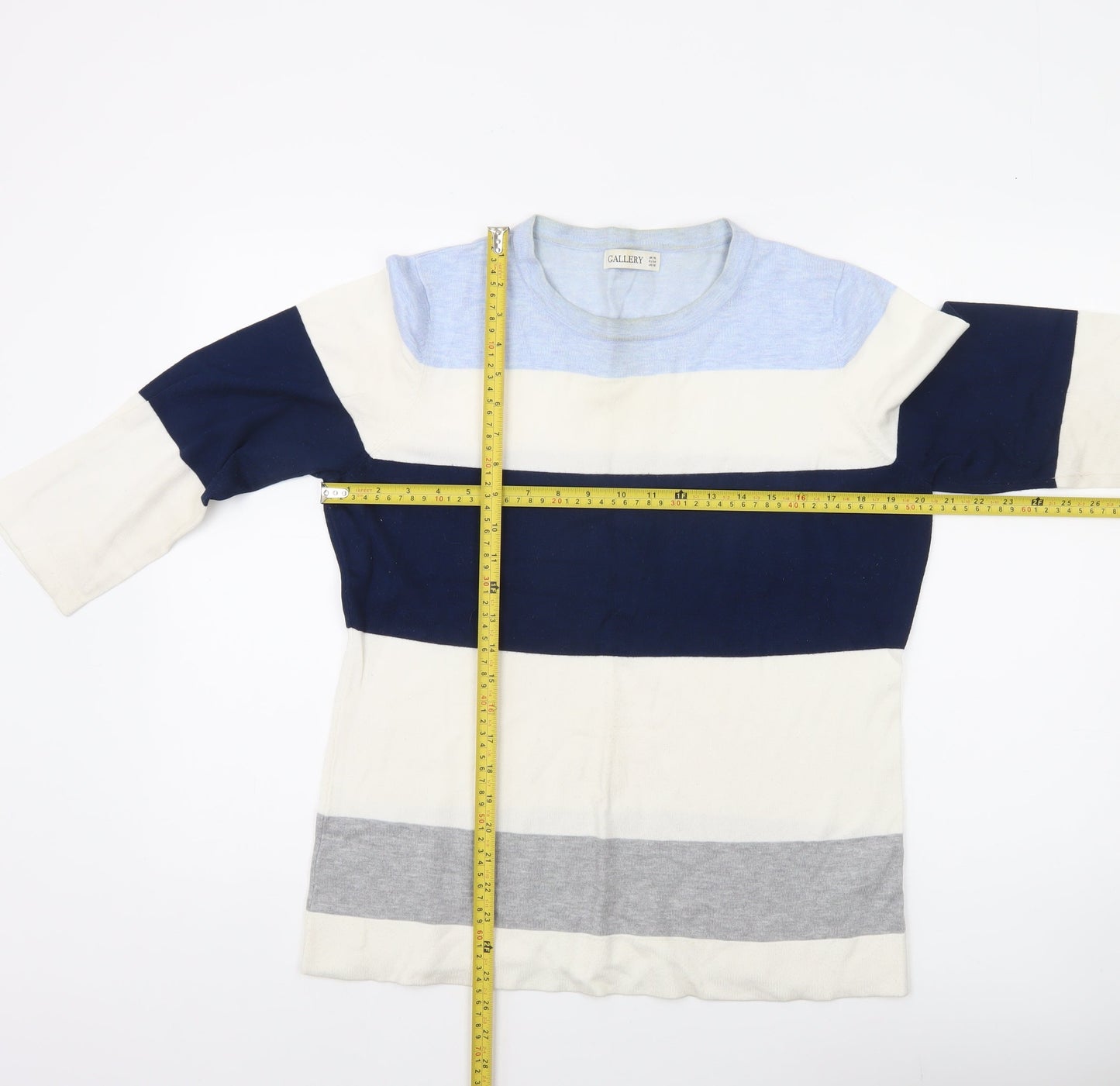 Gallery Womens UK 16 Navy Blue Striped Pullover Jumper 3/4 Sleeve