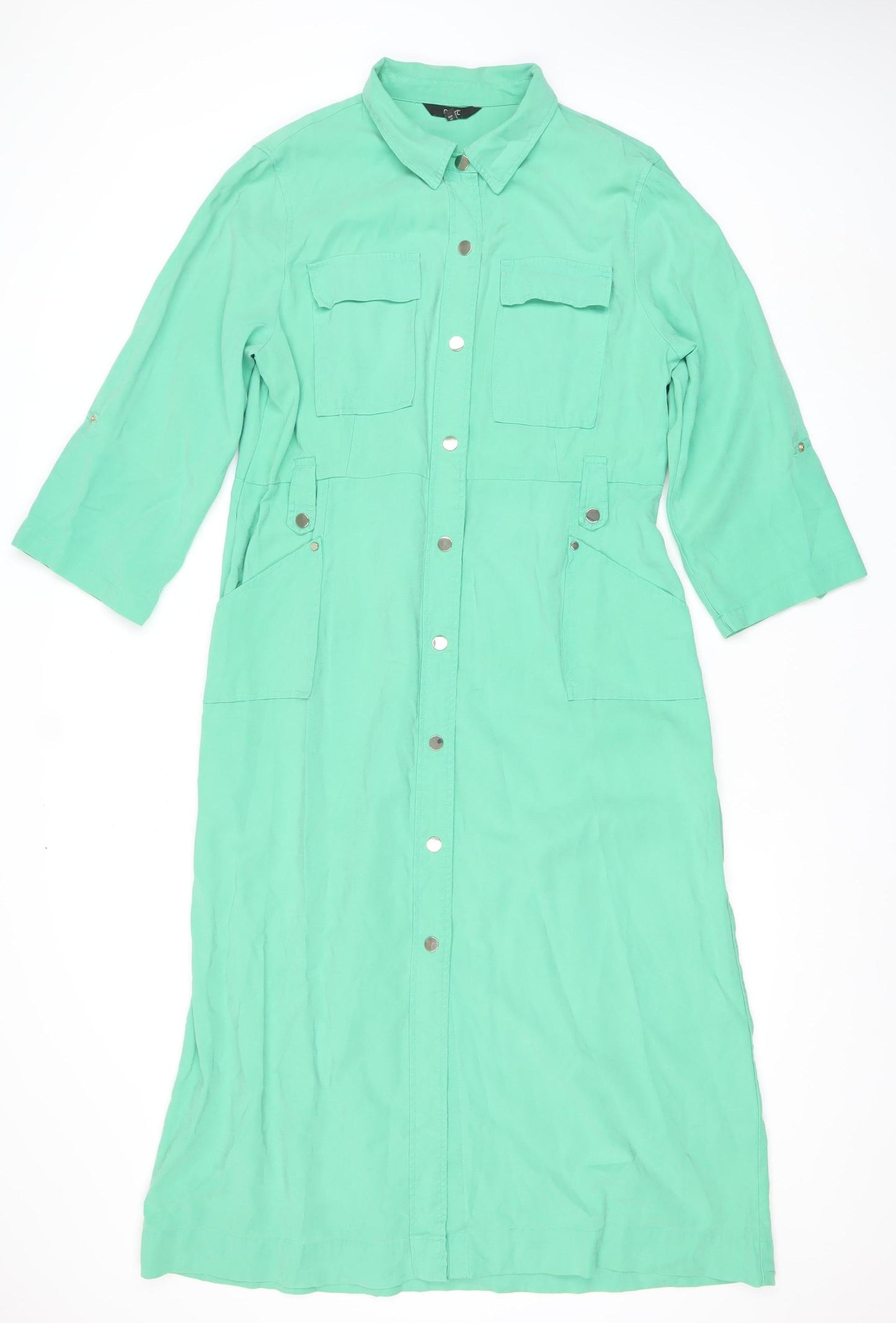 Next Women Green Long Coat Size 14 Overcoat Button Pockets