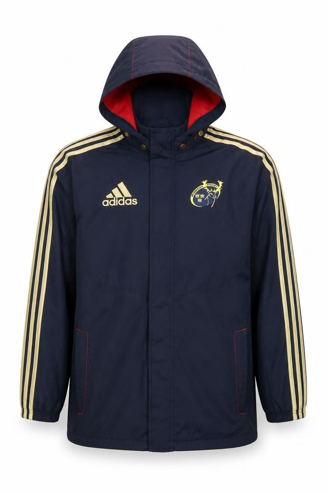Front view of Adidas Teens Blue Waterproof Hooded Sports Jacket, size 164