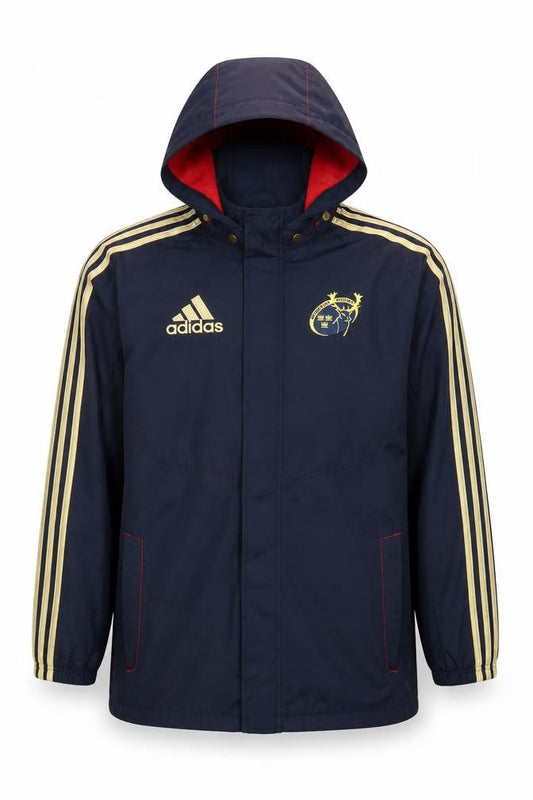 Front view of Adidas Teens Blue Waterproof Hooded Sports Jacket, size 164