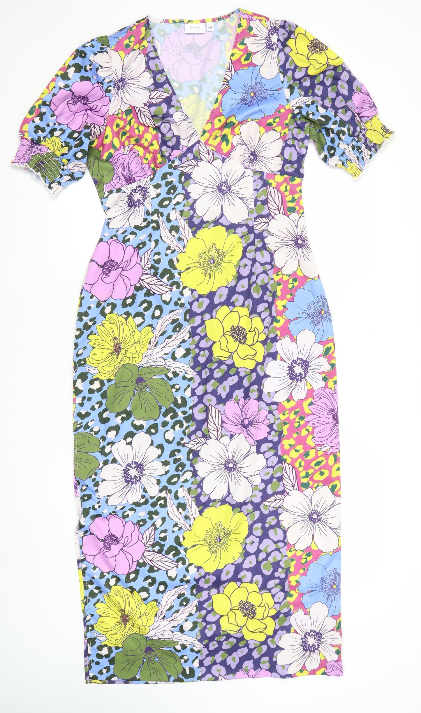 Vila Womens Multicoloured Floral Shift Midi V-Neck Dress Size 10