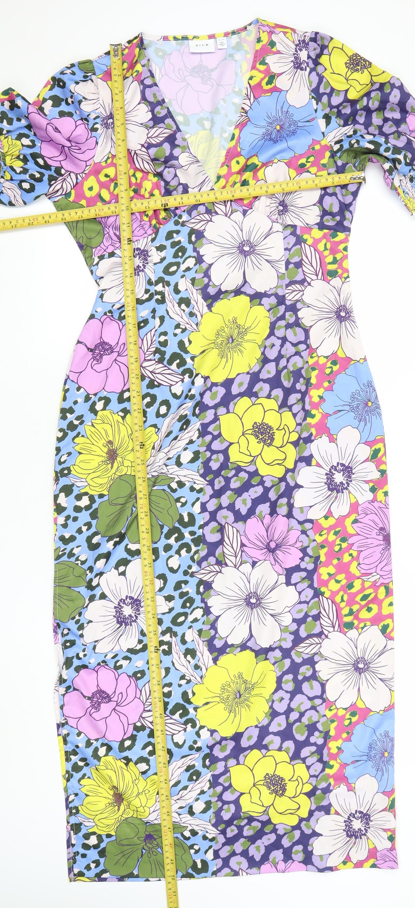 Vila Womens Multicoloured Floral Shift Midi V-Neck Dress Size 10
