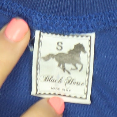 Black Horse Men's Blue V-Neck Graphic Print Cotton T-Shirt Size S