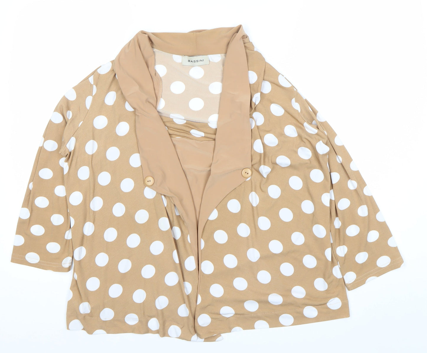 Bassini Women’s Beige Polka Dot Wrap Blouse Size 16 3/4 Sleeve Cowl Neck