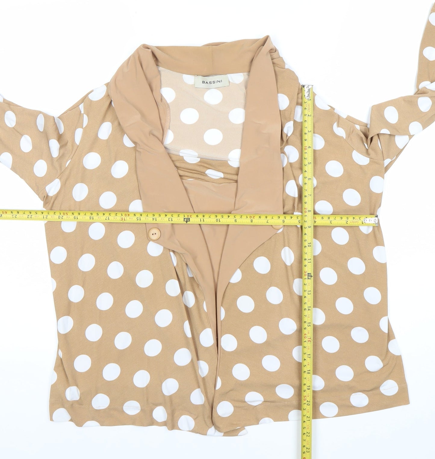 Bassini Women’s Beige Polka Dot Wrap Blouse Size 16 3/4 Sleeve Cowl Neck