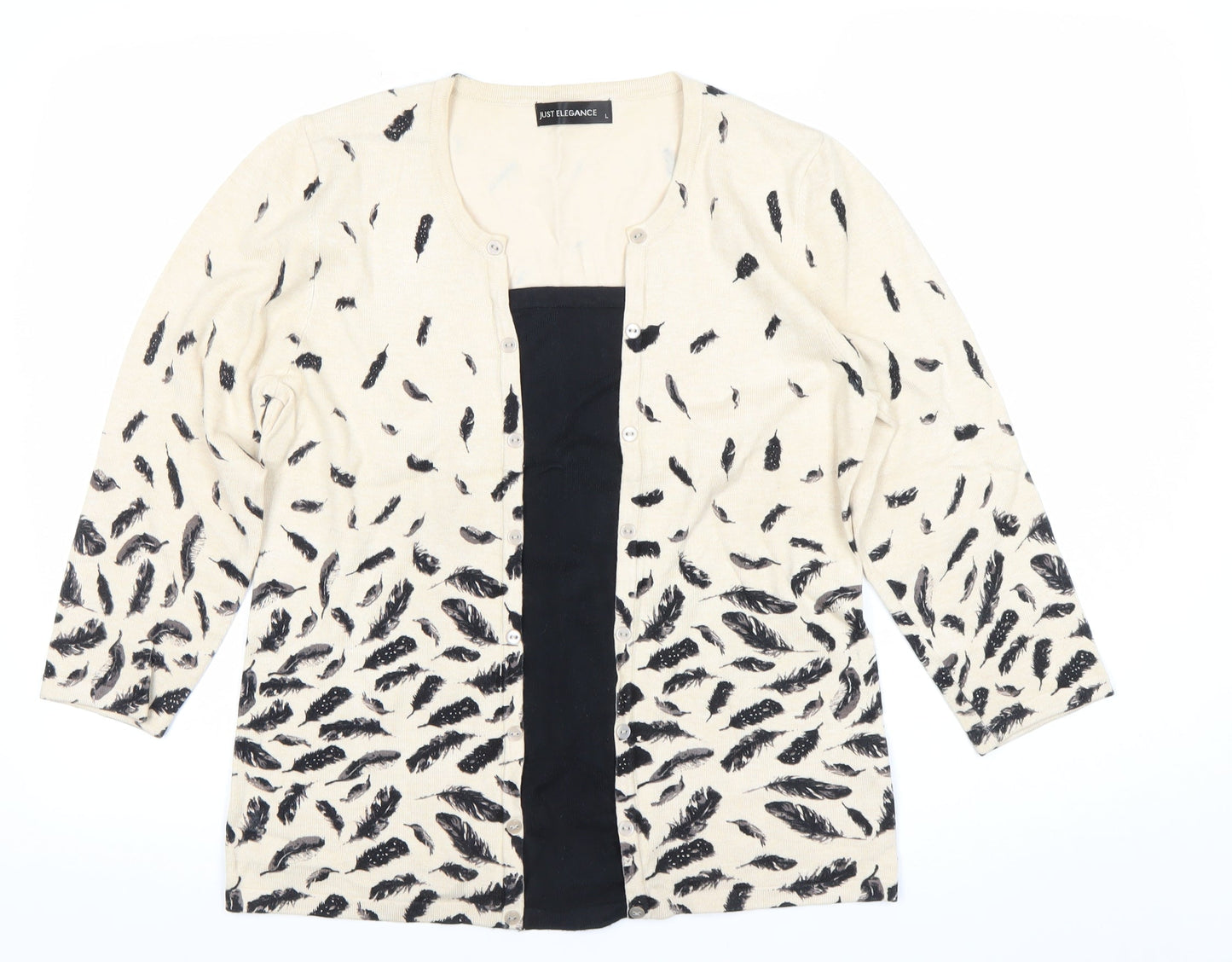 Just Elegance Womens Beige Feather Print Cardigan L 3/4 Sleeve