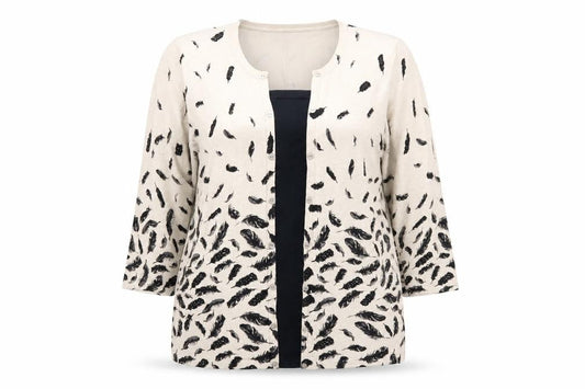 Just Elegance Womens Beige Feather Print Cardigan L 3/4 Sleeve