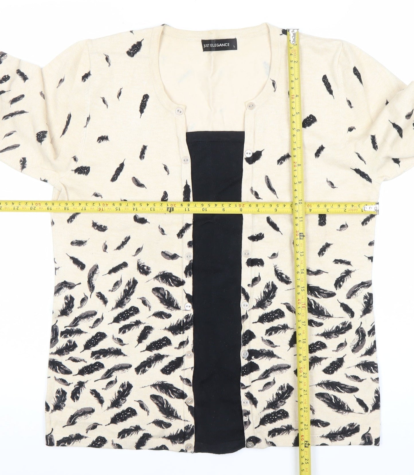 Just Elegance Womens Beige Feather Print Cardigan L 3/4 Sleeve
