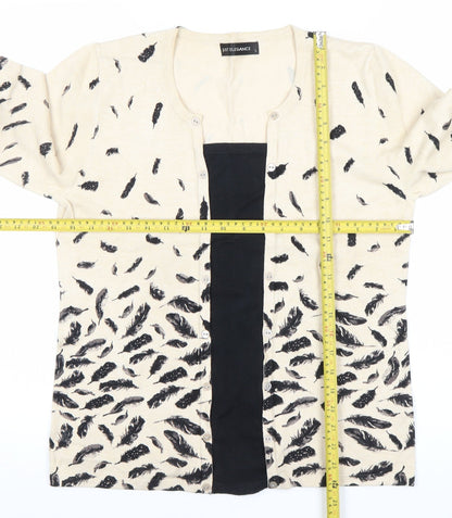 Just Elegance Womens Beige Feather Print Cardigan L 3/4 Sleeve