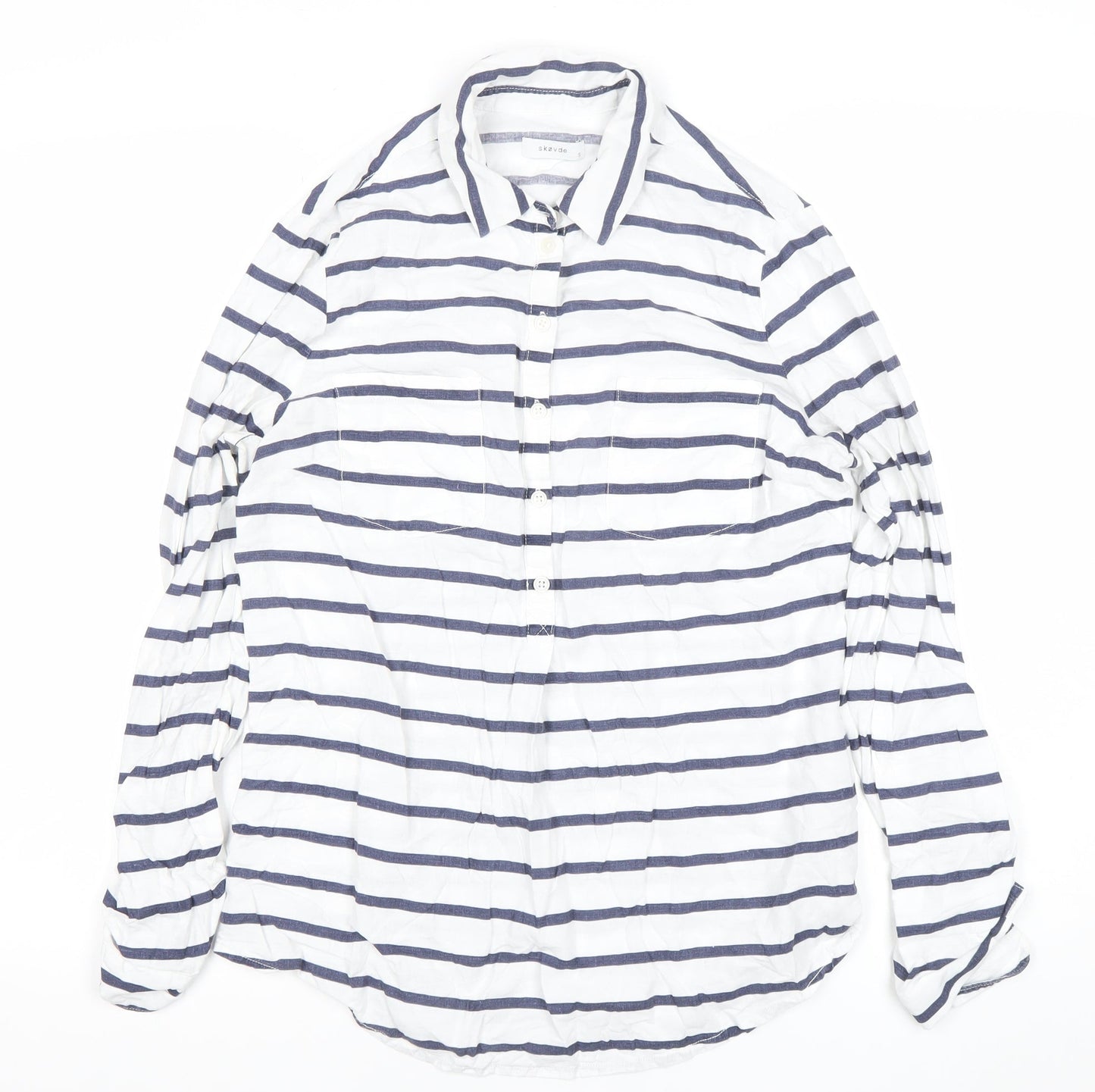 Skovde Women’s White Blue Striped Linen Viscose Button-Up Shirt S