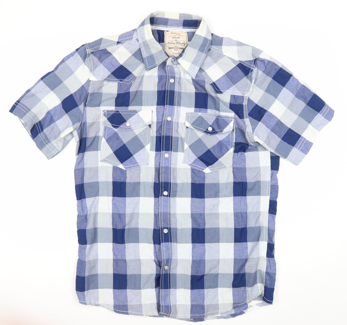 Dunnes Mens Blue Check Slim Fit Short Sleeve Button-Up Shirt M