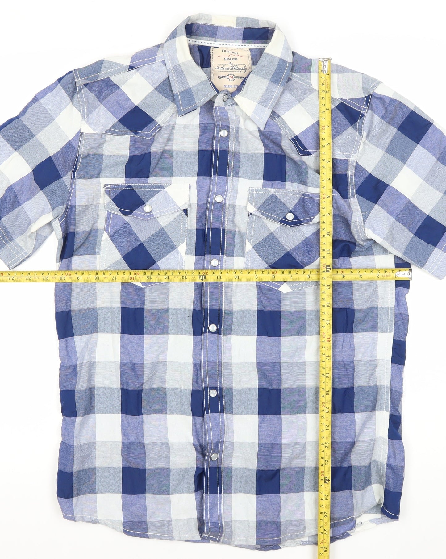 Dunnes Mens Blue Check Slim Fit Short Sleeve Button-Up Shirt M