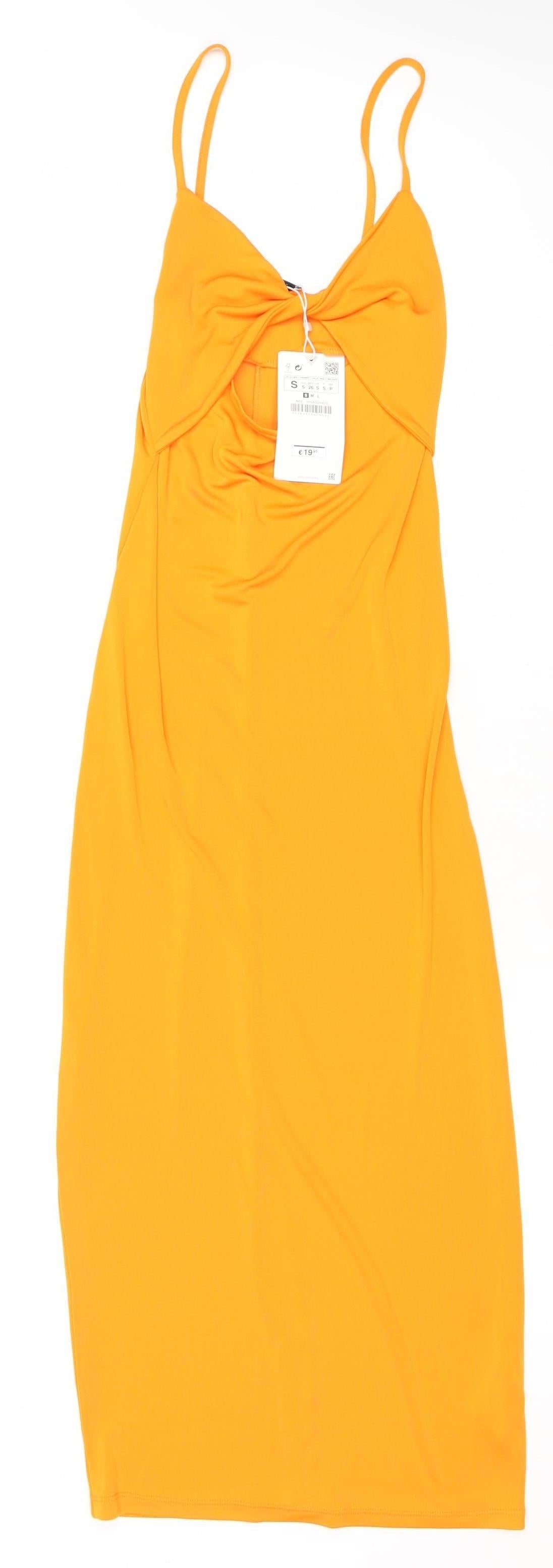 Zara Women’s Orange Midi Slip Dress Size 8 Sleeveless V-Neck Stretch