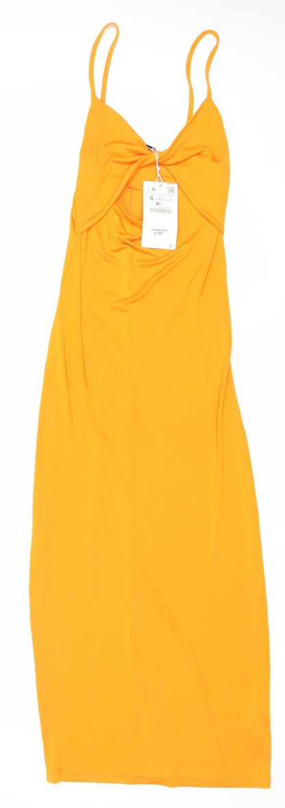 Zara Women’s Orange Midi Slip Dress Size 8 Sleeveless V-Neck Stretch