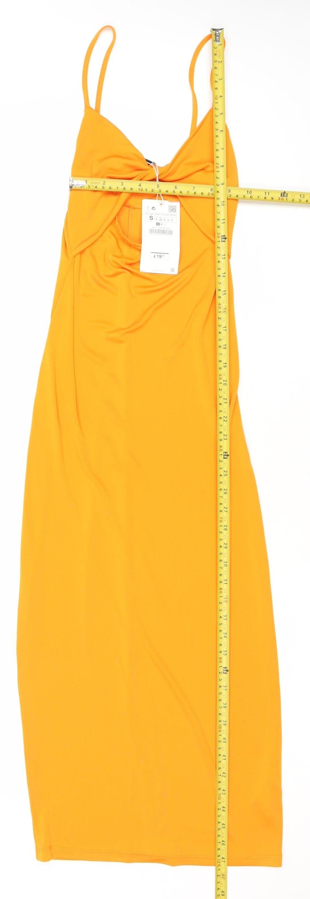 Zara Women’s Orange Midi Slip Dress Size 8 Sleeveless V-Neck Stretch