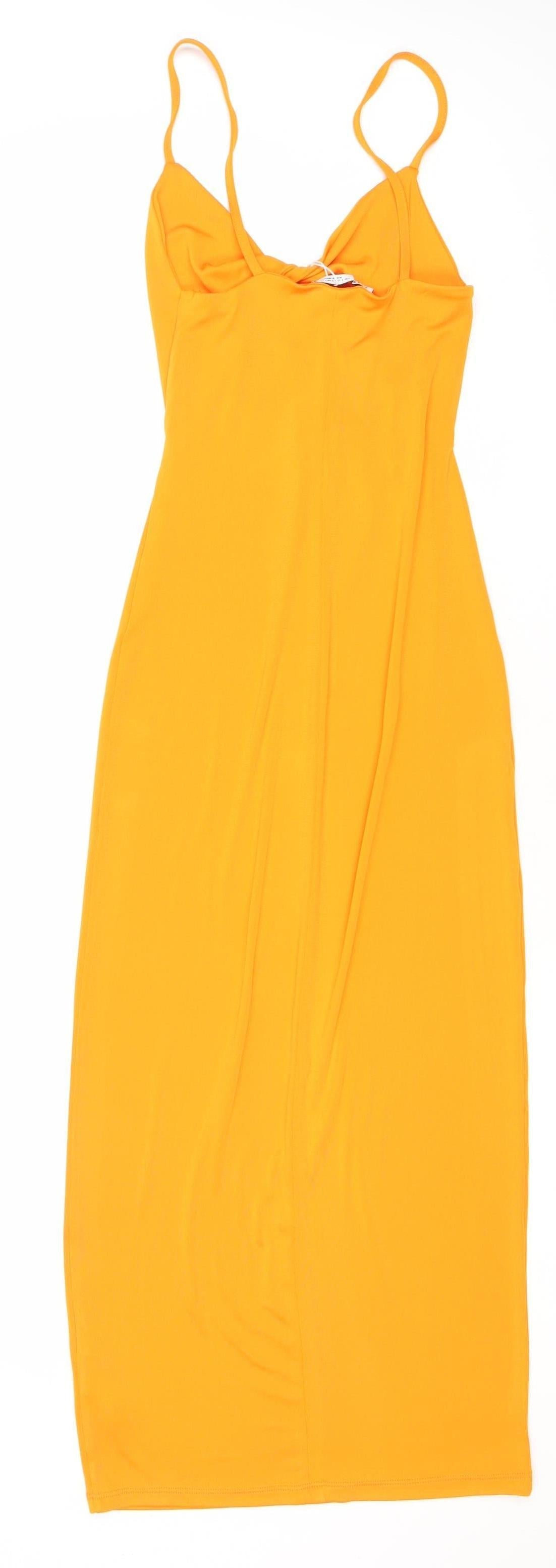 Zara Women’s Orange Midi Slip Dress Size 8 Sleeveless V-Neck Stretch