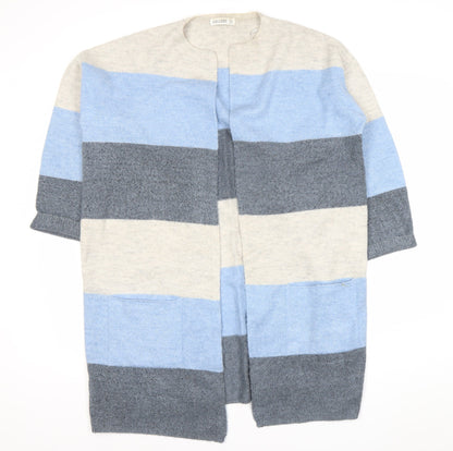 Gallery Womens L Blue Grey Ivory Striped Knit Cardigan 3/4 Sleeve