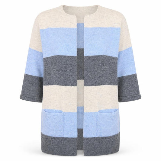 Gallery Womens L Blue Grey Ivory Striped Knit Cardigan 3/4 Sleeve