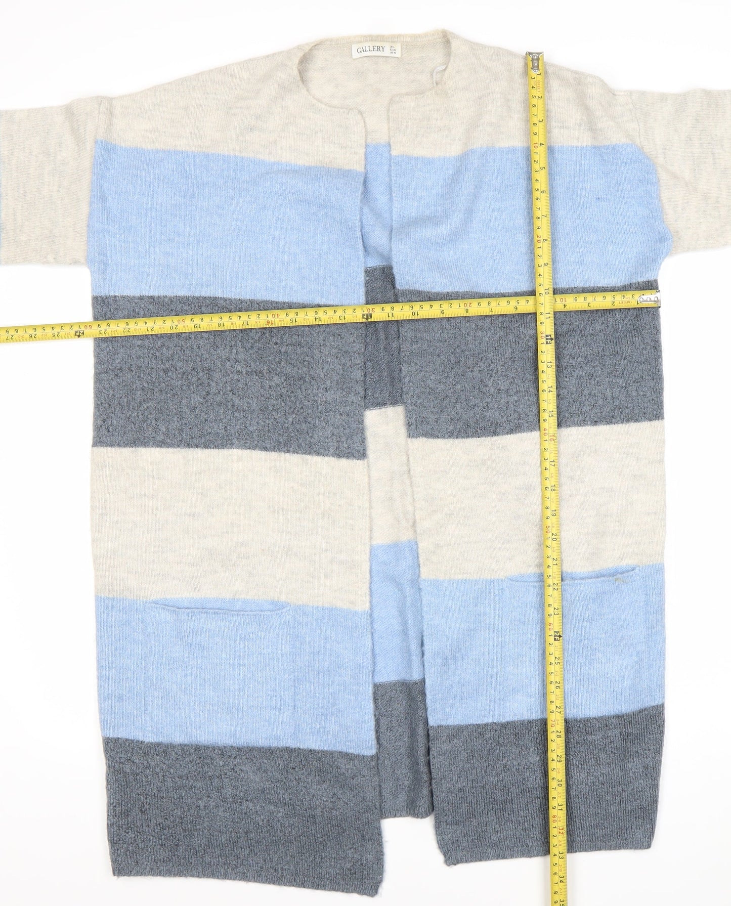 Gallery Womens L Blue Grey Ivory Striped Knit Cardigan 3/4 Sleeve