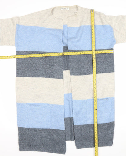 Gallery Womens L Blue Grey Ivory Striped Knit Cardigan 3/4 Sleeve