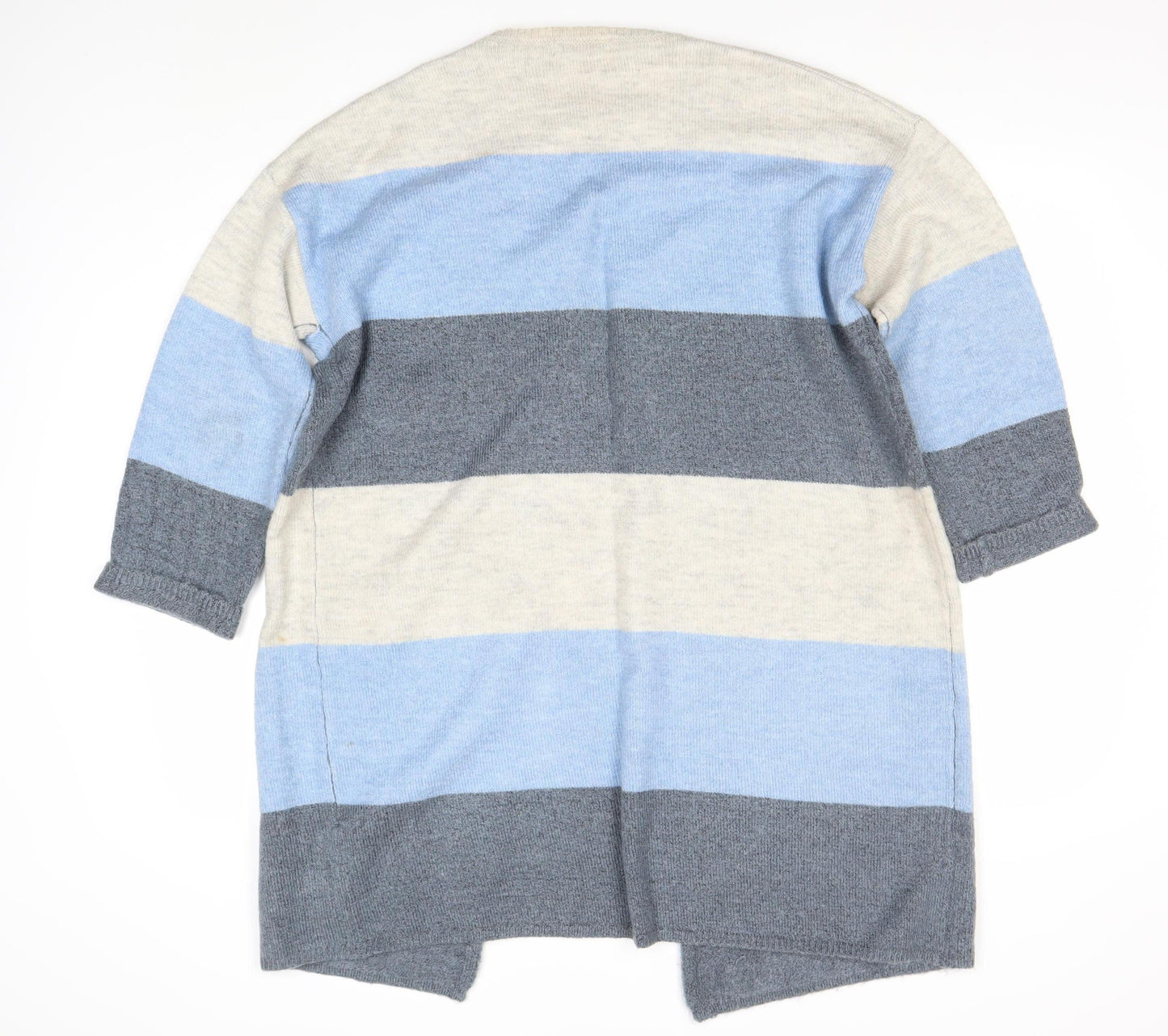 Gallery Womens L Blue Grey Ivory Striped Knit Cardigan 3/4 Sleeve
