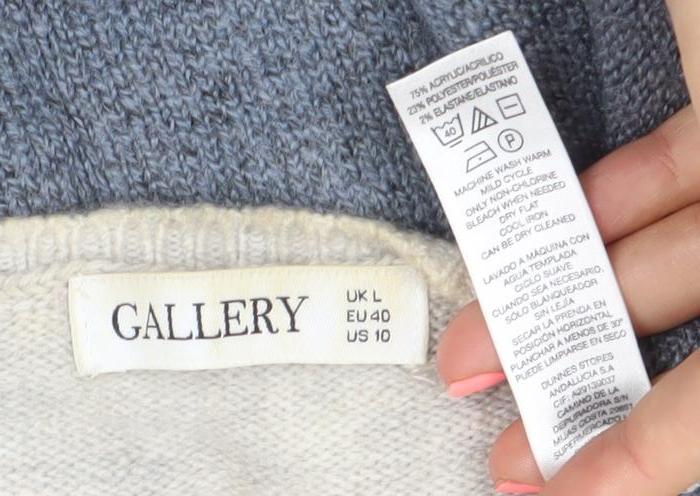 Gallery Womens L Blue Grey Ivory Striped Knit Cardigan 3/4 Sleeve